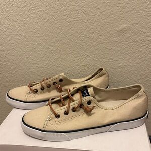 Sperry Pier View Beige Canvas Sneakers with Brown Accents